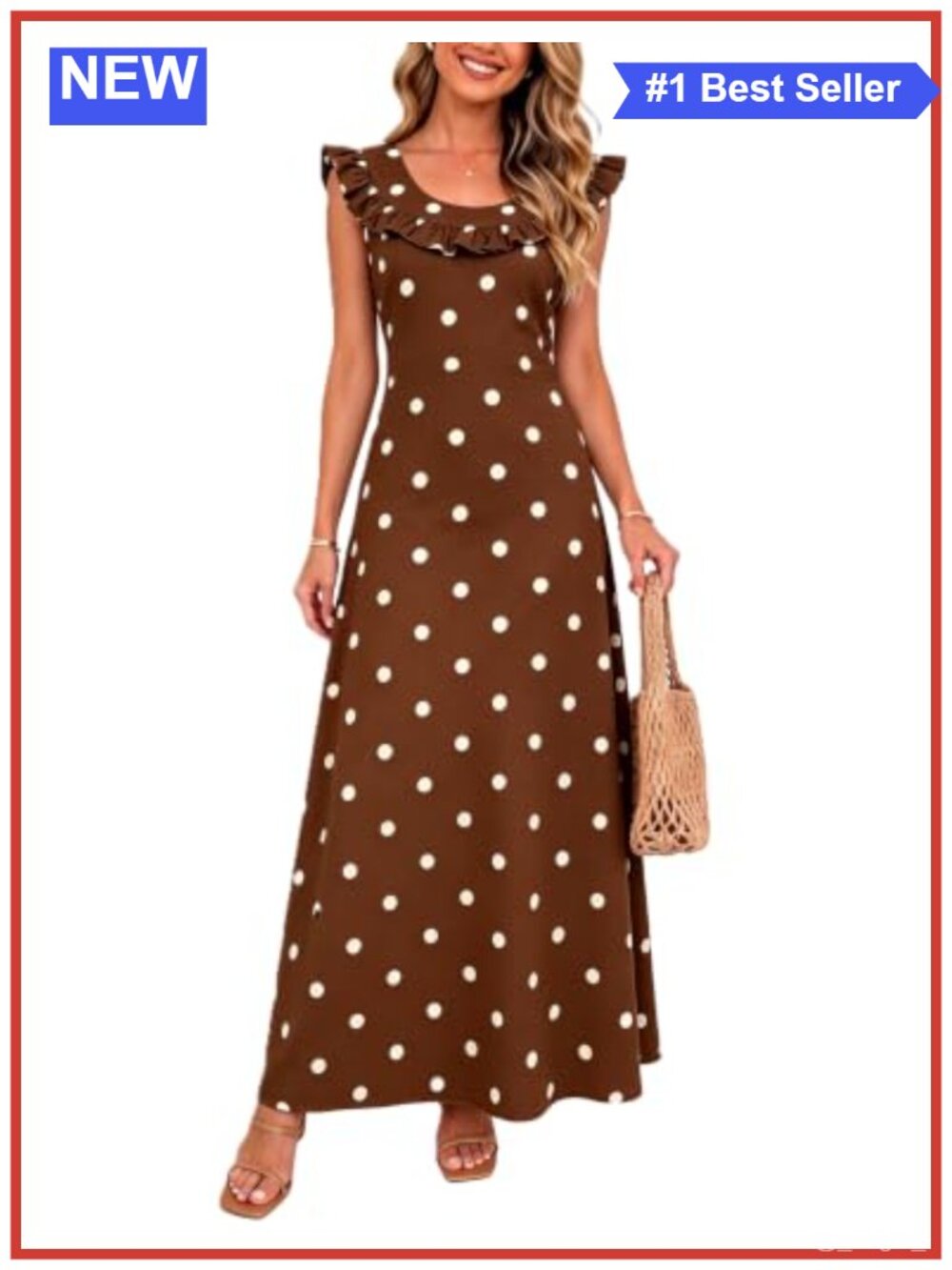 Womens Polka Dot Maxi Dress Scoop Neck Ruffle Sleeve Tie Waist A Line